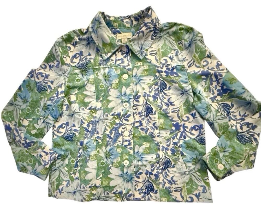 Appleseed's Jacket Blue White Green Resort Wear Floral Button Up Womens 14